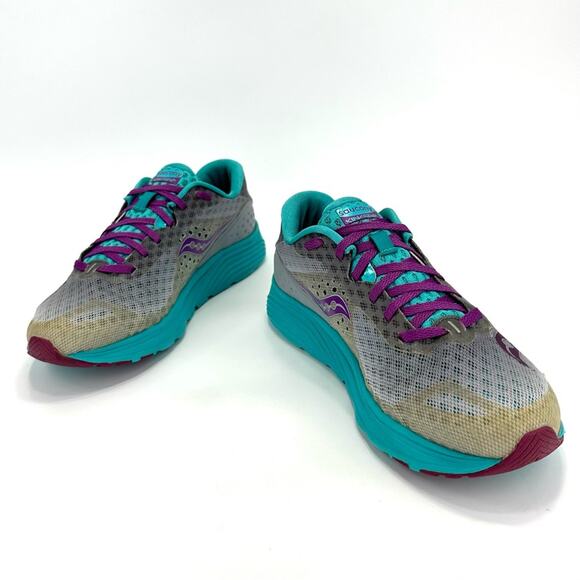 Saucony Kinvara 8 Everun Women Running Shoes Sz 8 Gray Teal Purple Mesh Sneakers - Picture 2 of 16